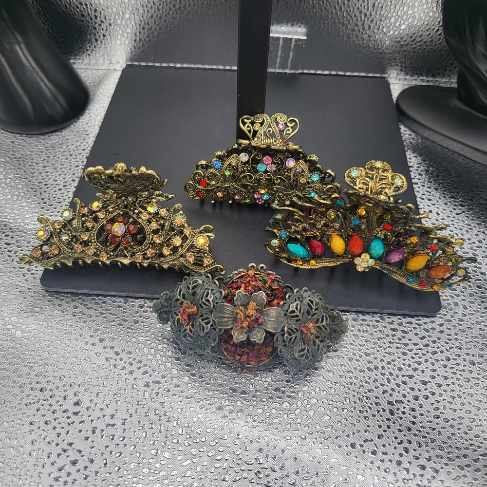 Vintage Style Ornate Hair Clips with Multicolor Gems